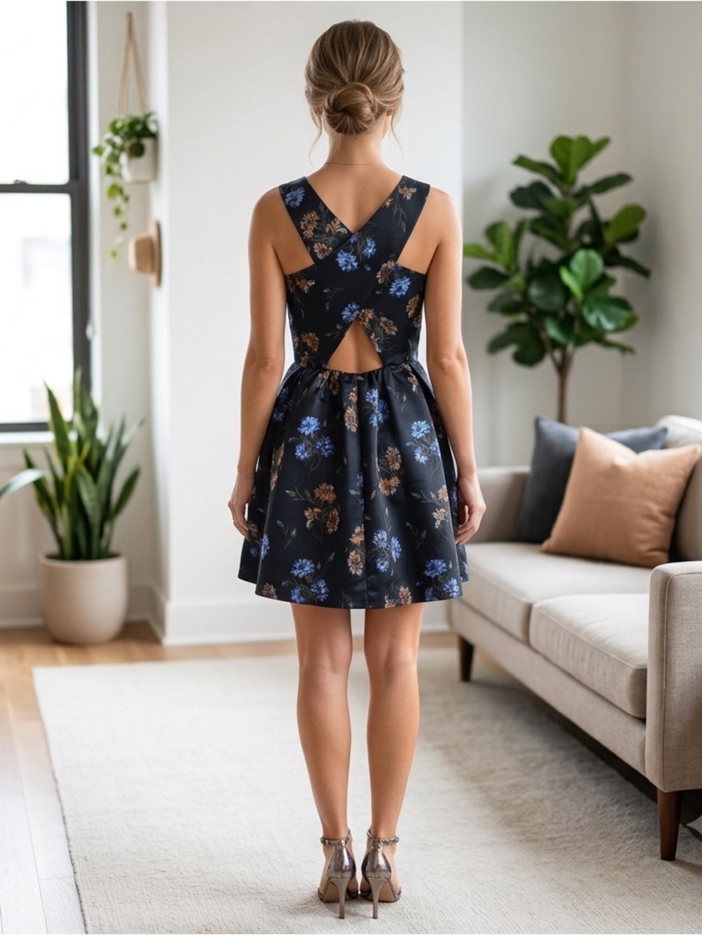 Zara Sleeveless Blue and Orange Floral Flare Cocktail Cross Back Dress Size M